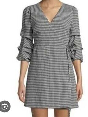 Highline Collective Gingham Wrap Mini Dress Ruched 3/4 Sleeves